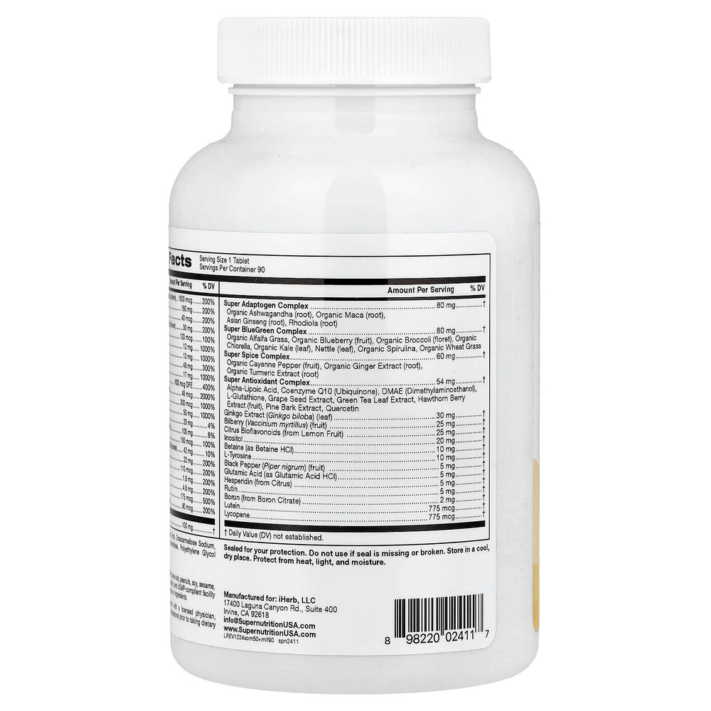 Super Nutrition, Simply One, мультивитамины с суперадаптогенами, зеленью, специями и антиоксидантами для мужчин старше 50 лет, без железа, 90 таблеток