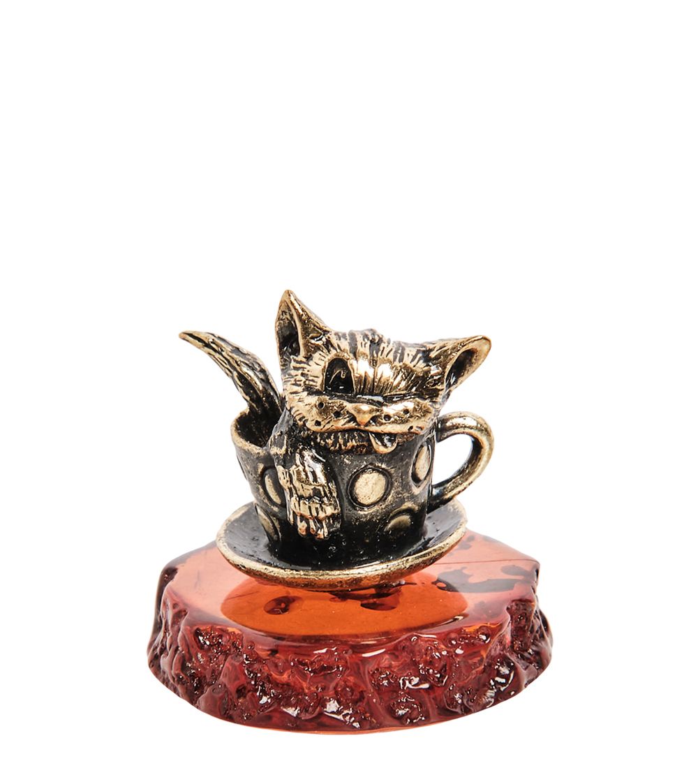 Народные промыслы AM-2227 Фигурка «Котик в чашке» (латунь, янтарь)