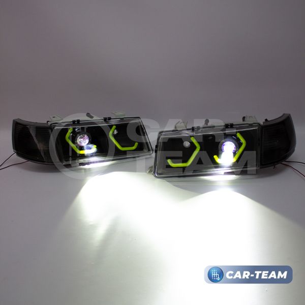 Фары ВАЗ 2110, 2111, 2112 передние в стиле BMW с Bi LED модулями 1,8 дюйма, галочки в цвете Lime (тонированные поворотники)