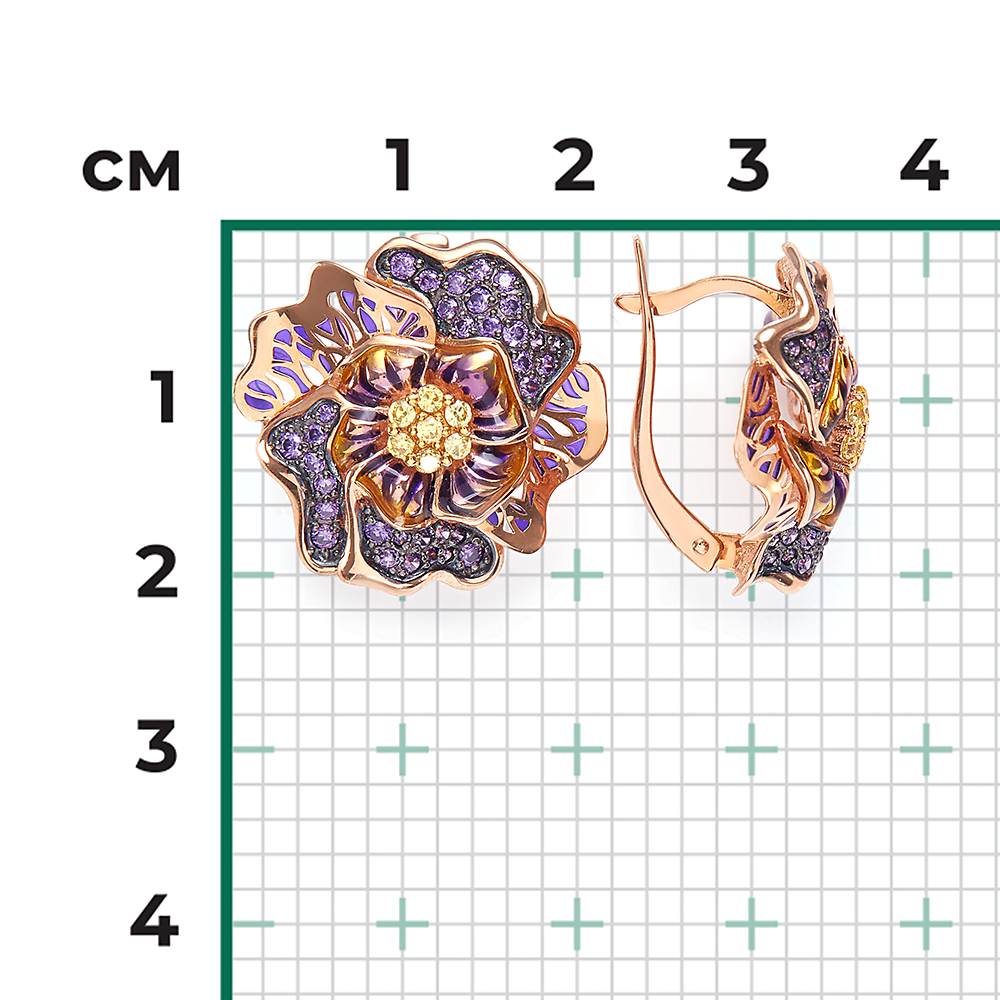 Серьги «Гибискусы» с английским замком из красного золота с фианитами и эмалью