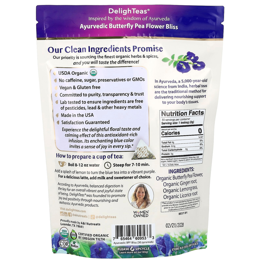 DelighTeas, Ayurvedic Butterfly Pea Flower Bliss, травяной чай, без кофеина, 30 роскошных чайных пакетиков Pyramid, 60 г (2,1 унции)