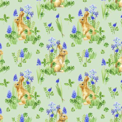кролики и весенние цветы на зеленом