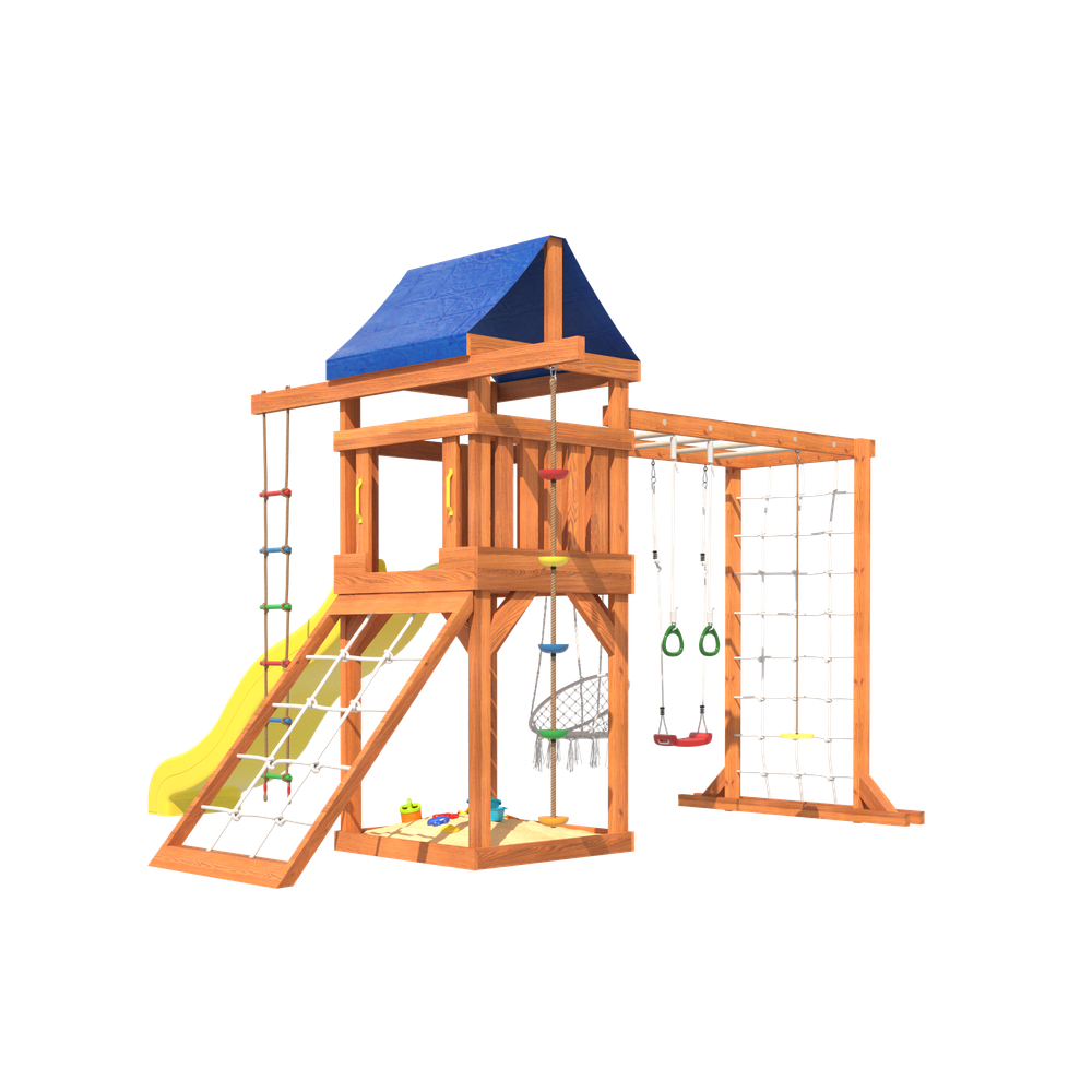 Детская площадка Fun Land с модулем сетка-рукоход, мини сеткой, подвесным креслом и качелями