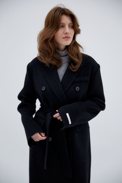 Пальто двубортное из шерсти мериноса и кролика черный