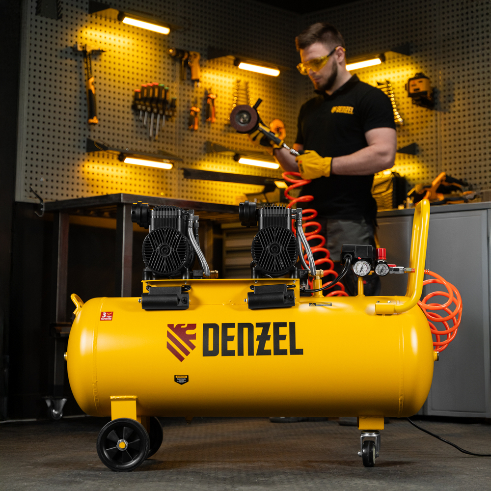 Компрессор безмасл. малошумный DLP-3000/100, 3 кВт, 2х1,5 кВт,100 л, 2850 об/мин,500 л/мин Denzel