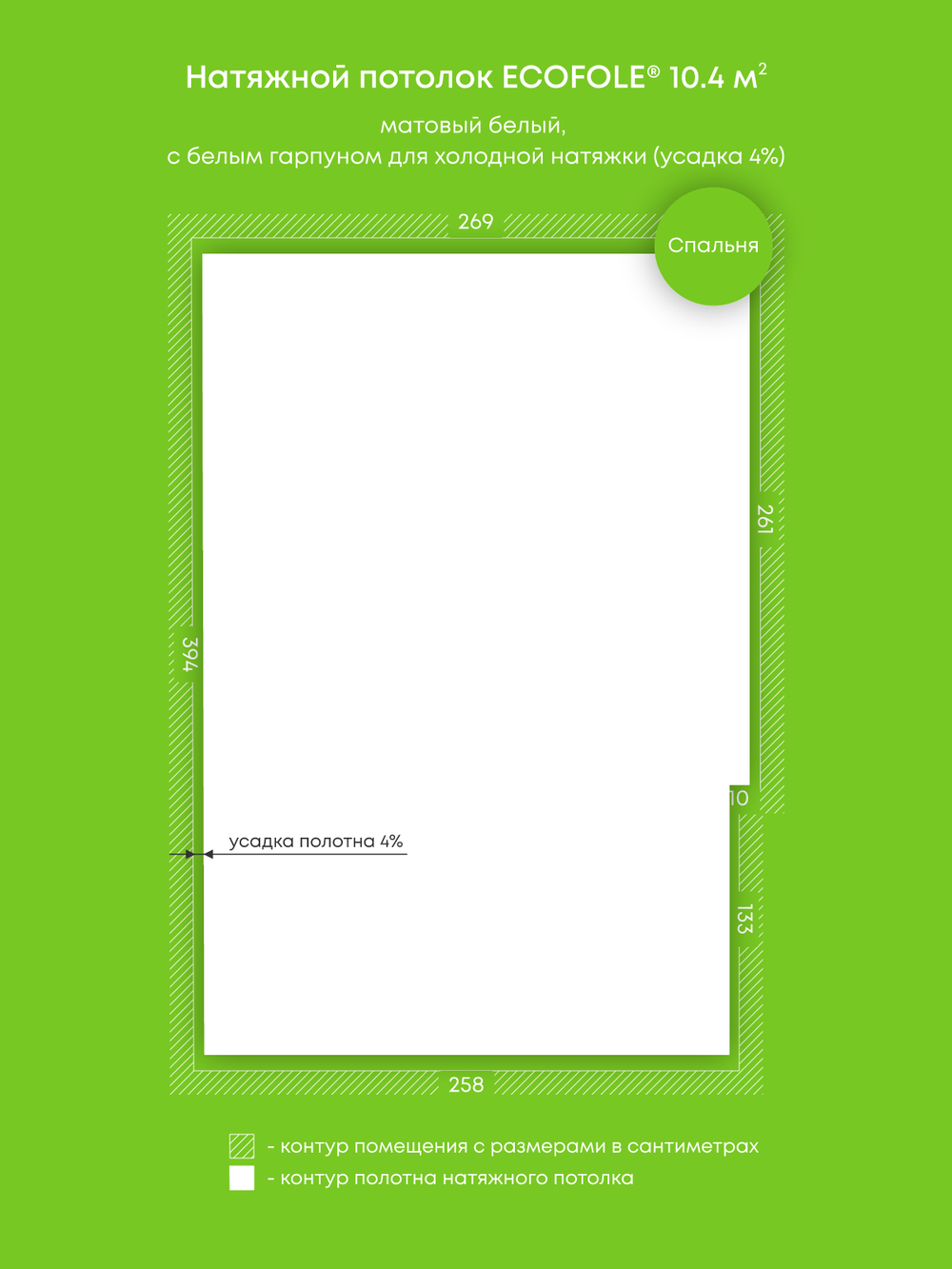 Матовый натяжной потолок 10.4 м2