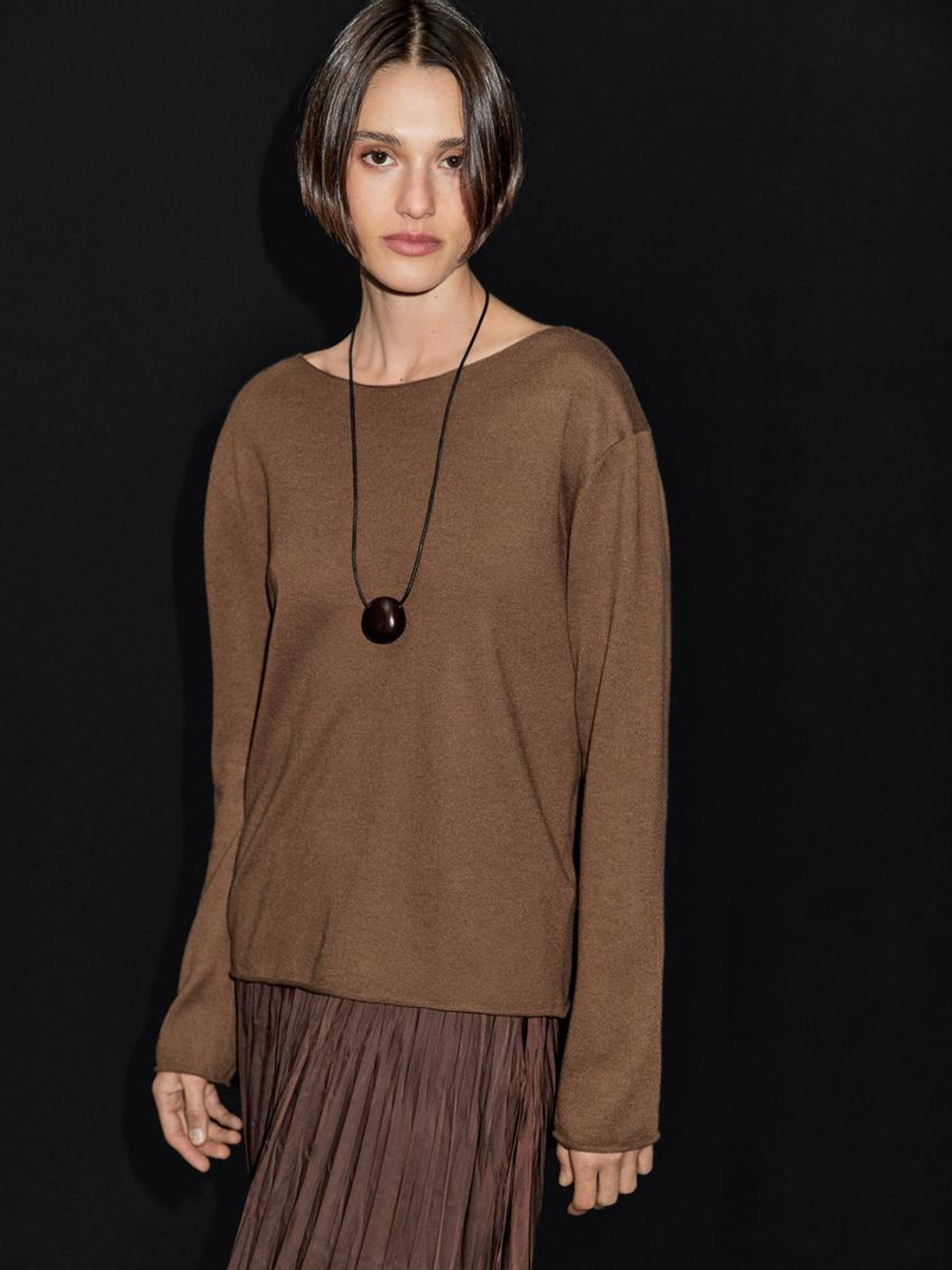 Massimo Dutti Свитер с воротником лодочкой из смесовой шерсти, тоффи