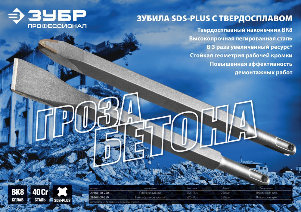 ЗУБР ПОБЕДИТ, 20 x 250 мм, SDS-Plus, плоское зубило, Профессионал (29368-20-250)