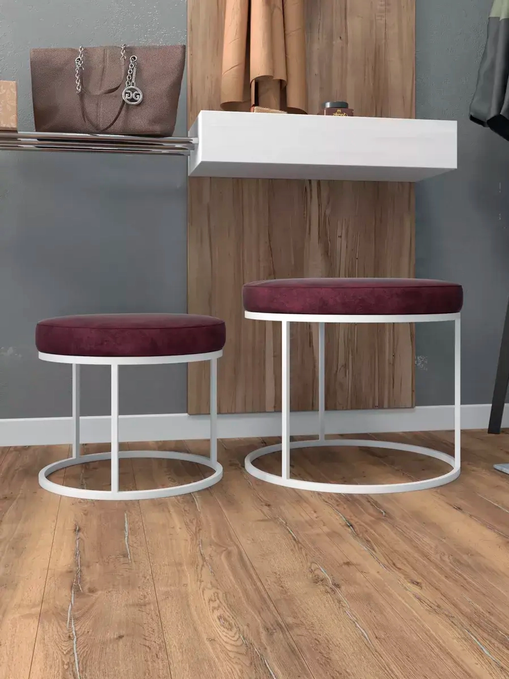 Комплект круглых банкеток - ББОРД - бордовое на белом