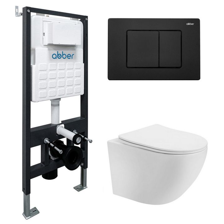 Комплект подвесной унитаз ABBER Bequem AC1100T белый с инсталляцией AC0105 и кнопкой AC0120MB черный матовый