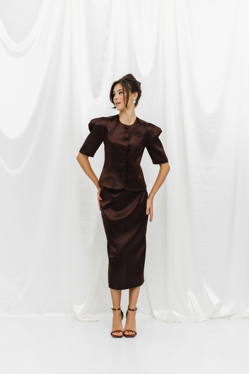 Юбка из атласа миди шоколадная