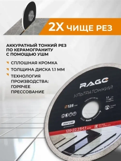 Диск алмазный по керамограниту сплошной ультратонкий 125 мм RAGE