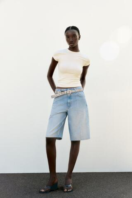 ZARA ФУТБОЛКА ОБЛЕГАЮЩЕГО КРОЯ С КОРОТКИМИ РУКАВАМИ, ЭКРЮ