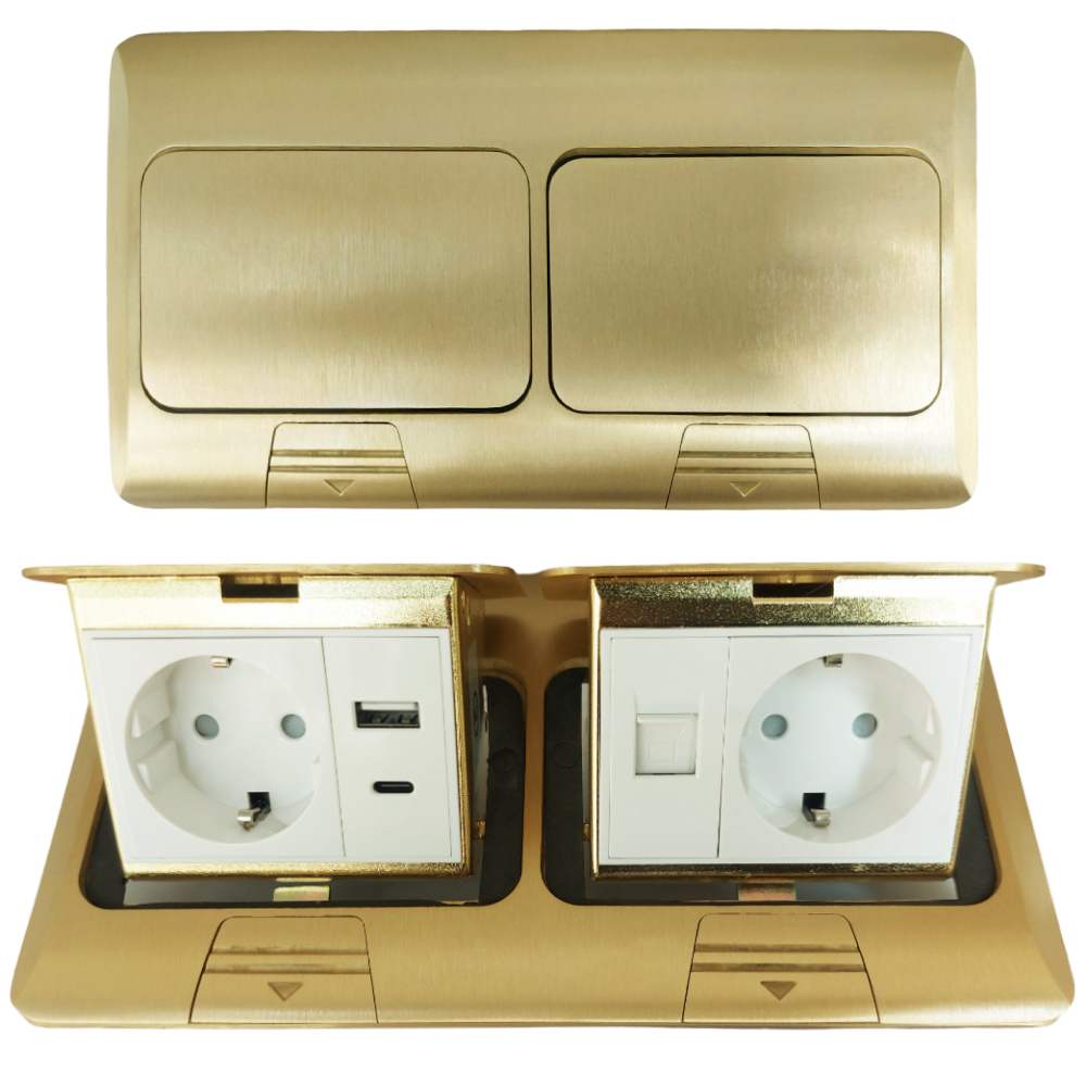 Лючок в пол 2-РОЗЕТКА + USB+TYPE-C + INT (цвет золото)