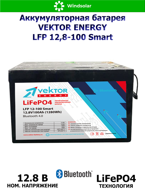 Аккумуляторная батарея VEKTOR ENERGY LFP 12,8-100 Smart (100Ah / 12,8V / 1280Wh / BMS / BT 4.0 / LiFePO4)