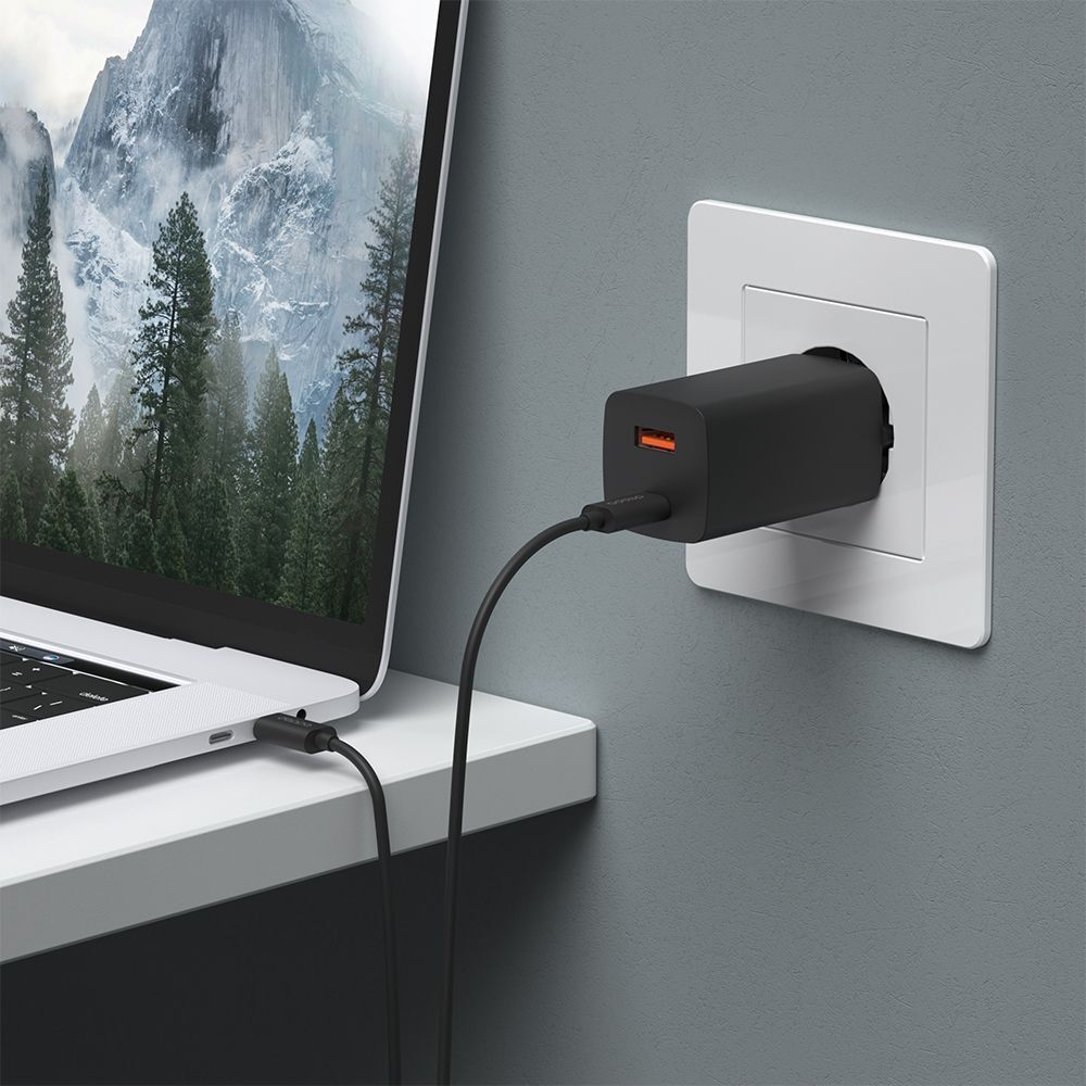 Сетевое зарядное устройство Wall Charger GaN USB A + USB-C, PD 3.0, QC 3.0, 65W, GaN, черный