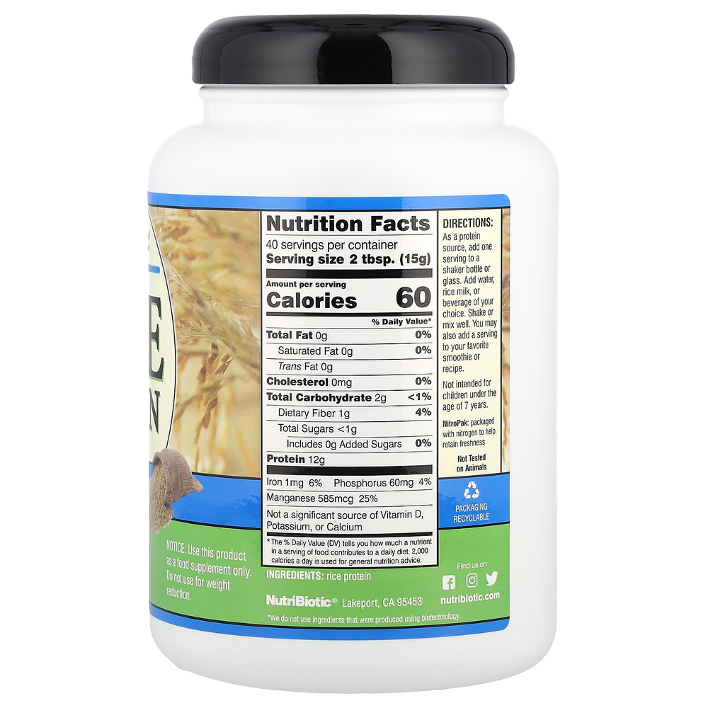 NutriBiotic, Порошок из рисового протеина, обычный, 1 фунт 600 г (5,16 унции)