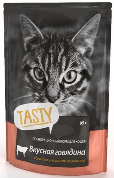 Влажный корм для кошек TASTY с говядиной в желе, пауч, 85 г