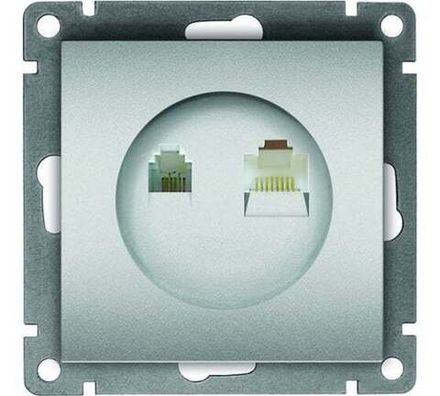 Розетка компьютерная+телефонная "UNIVersal" серия "Афина", с/у, 1А, RJ45, RJ12, серебро (еврослот) (