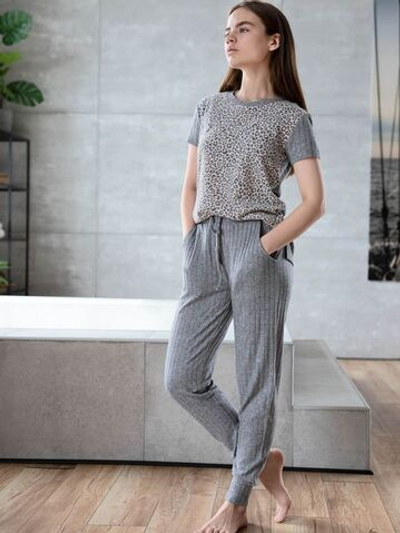 Домашние женские брюки из трикотажа в рубчик (Размер: L) (Цвет: серый)