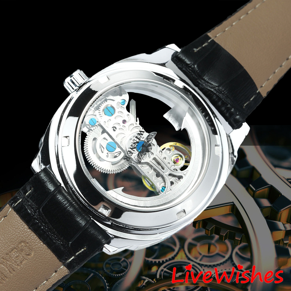 Часы наручные механические скелетоны FORSINING на кожаном ремешке, серебристый/черный W8990-02