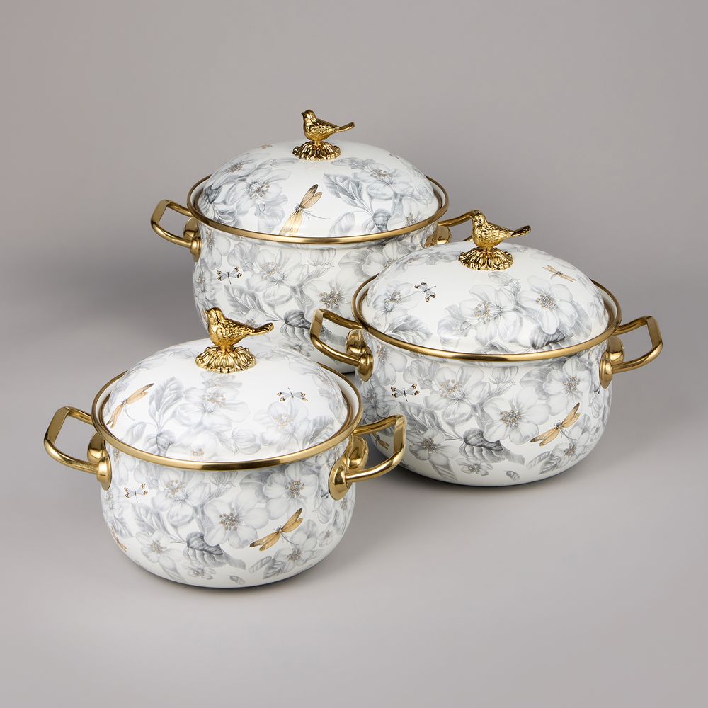 НАБОР КАСТРЮЛЬ AGNESS ЭМАЛИРОВАННЫХ СЕРИЯ "ЯБЛОНЕВЫЙ САД", 6ПР. 2,1Л, 2,8Л И 3,8Л