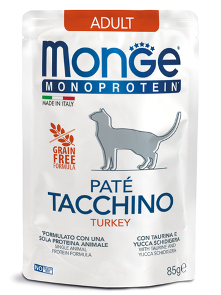 Влажный корм Monge Cat Monoprotein для взрослых кошек, из индейки, паучи 85 г