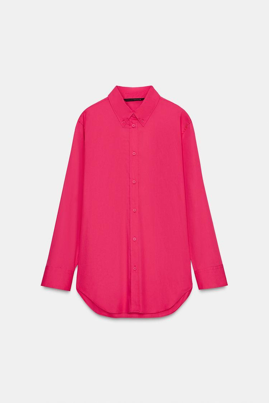 ZARA РУБАШКА ИЗ ПОПЛИНА, МАЛИНОВЫЙ