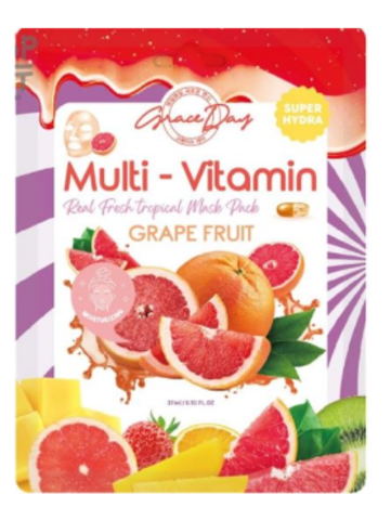 GRACE DAY ТКАНЕВАЯ МАСКА ДЛЯ ЛИЦА С ПОЛИВИТАМИНАМИ И ЭКСТРАКТОМ ГРЕЙПФРУТА MULTI-VITAMIN GRAPE FRUIT MASK PACK, 27 МЛ