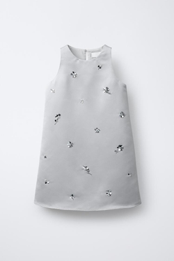 ZARA АТЛАСНОЕ ПЛАТЬЕ С ПАЙЕТКАМИ, СЕРЕБРИСТЫЙ