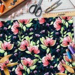 Ткань мембрана графичные цветы на тёмно-зелёном фоне