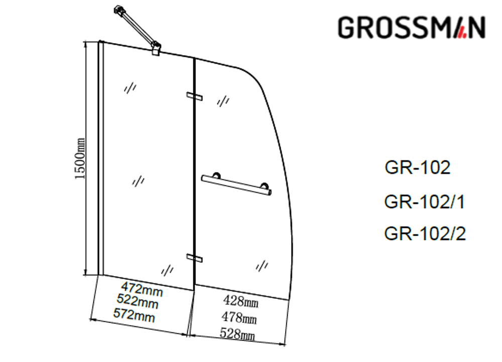 Шторка для ванны Grossman GR-102 (150х90) распашная,хром,стекло прозрачное,1 место