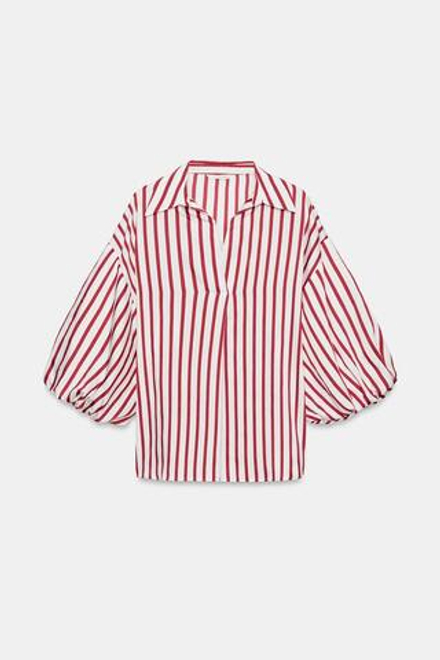 ZARA РУБАШКА В ПОЛОСКУ С ОБЪЕМНЫМИ РУКАВАМИ, КРАСНЫЙ/БЕЛЫЙ