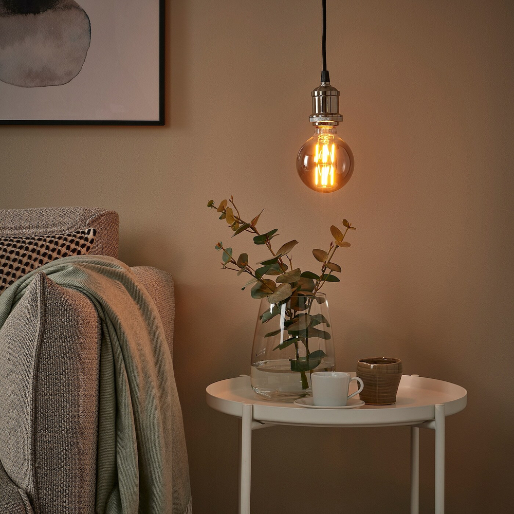 IKEA JÄLLBY  (ИКЕА ЙÄЛЛБЙ)  -  / MOLNART Подвесной светильник с лампой, ткань никель/сфера серое прозрачное стекло