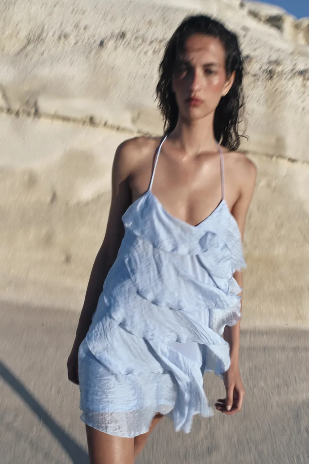 ZARA КОРОТКОЕ ПЛАТЬЕ С ВОЛАНАМИ, НЕБЕСНО-ГОЛУБОЙ