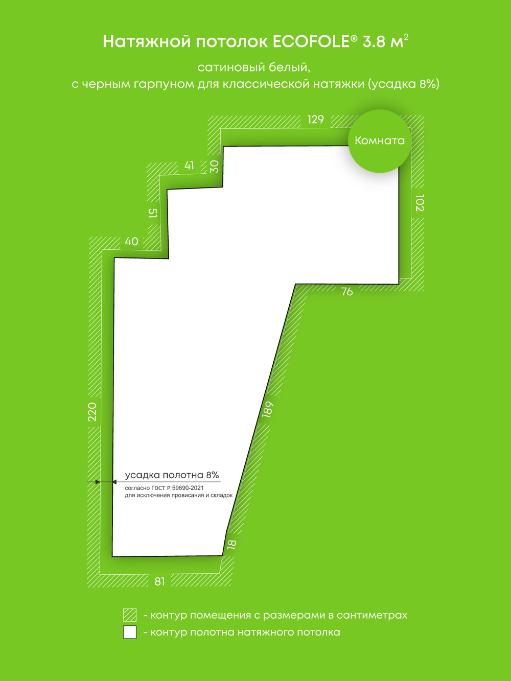 Сатиновый натяжной потолок 3.8 м2