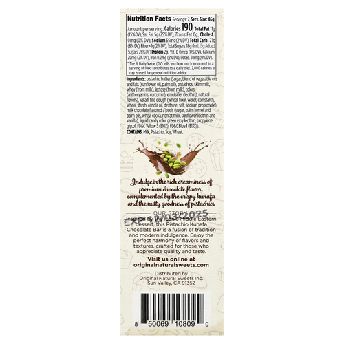 Original Natural Sweets, дубайский молочный шоколад, 91 г (3,2 унции)