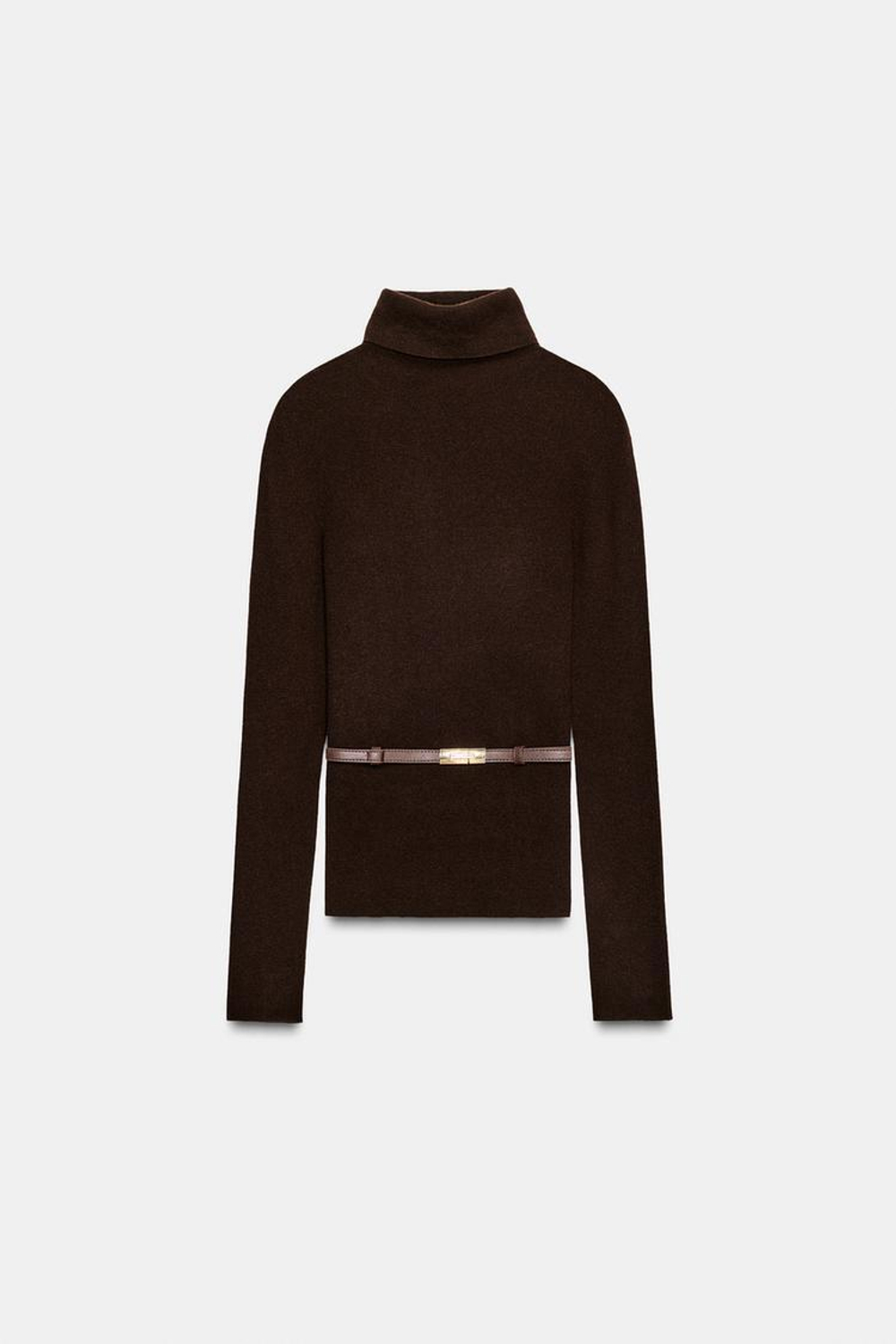 ZARA СВИТЕР ИЗ 100% ШЕРСТИ С ВЫСОКИМ ВОРОТНИКОМ И РЕМНЕМ, ШОКОЛАДНЫЙ