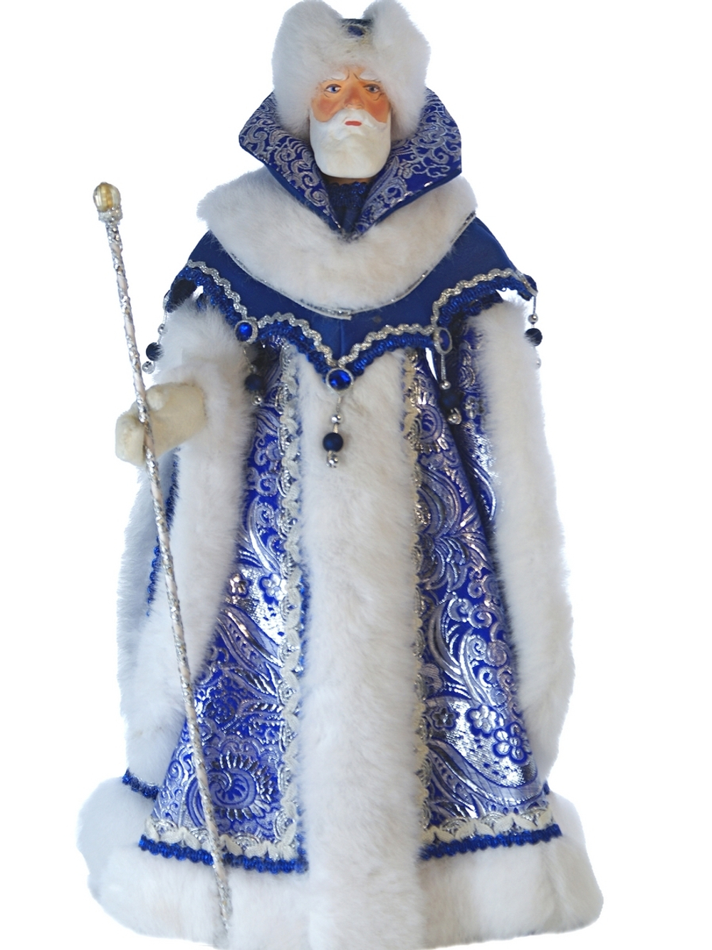 Кукла коллекционная Дед Мороз в боярской шубе из парчи, с посохом.