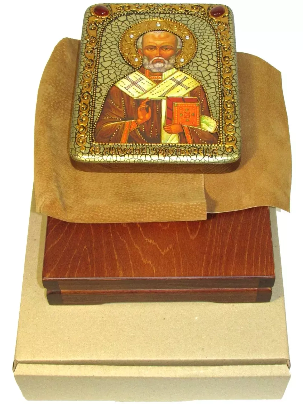 Инкрустированная икона Святитель Николай, архиепископ Мир Ликийский (Мирликийский), Чудотворец 20х15см на натуральном дереве в подарочной коробке