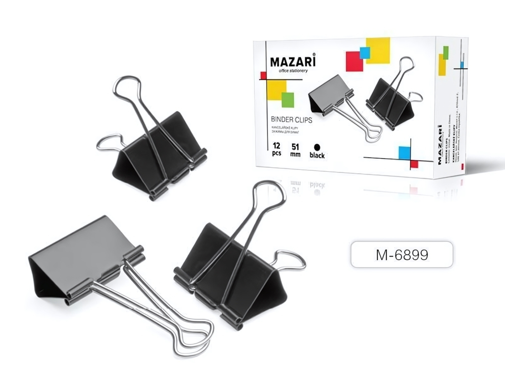 Зажимы для бумаг 51мм. 12шт. черные, металлические, коробка (Mazari)