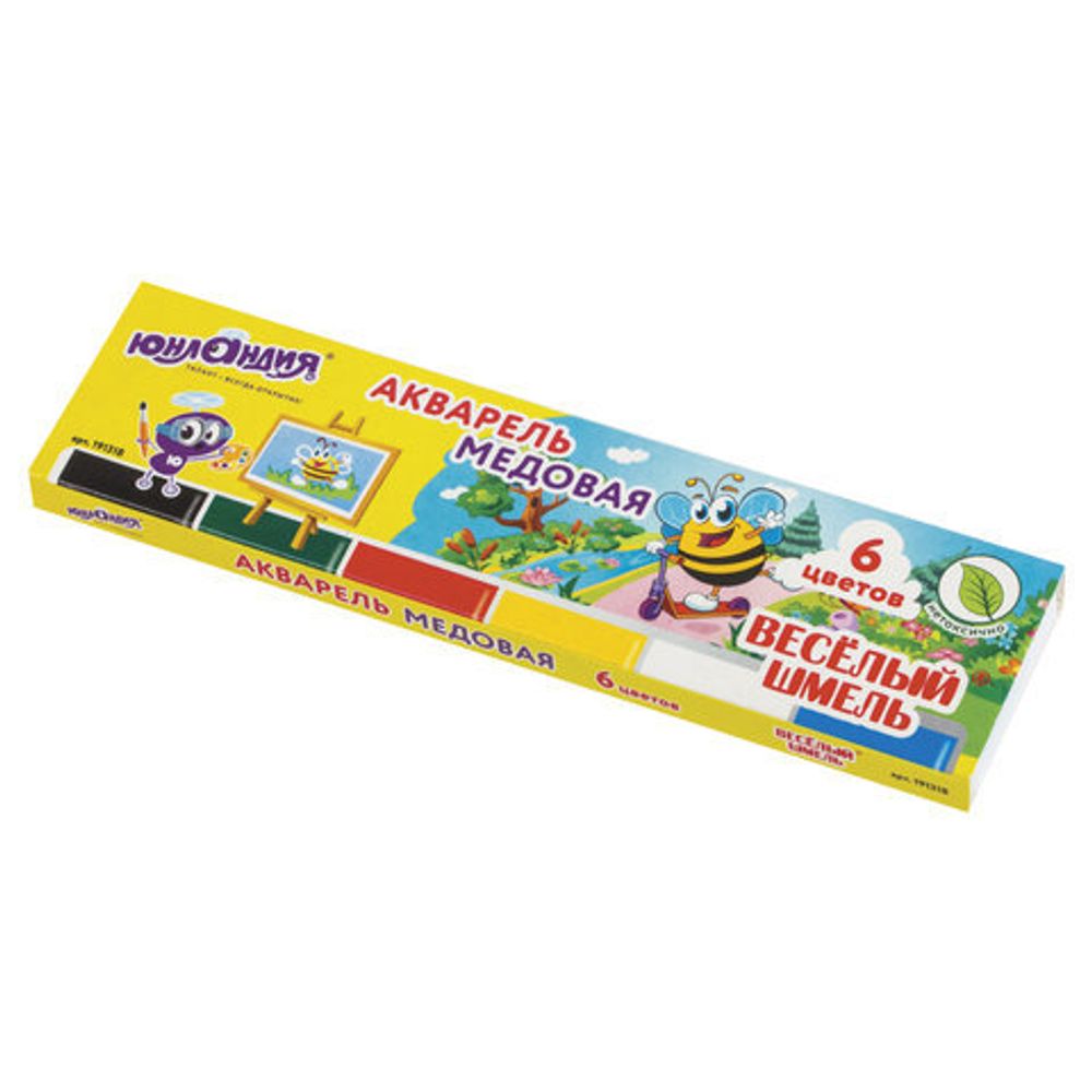 Краски акварельные ЮНЛАНДИЯ "ВЕСЁЛЫЙ ШМЕЛЬ", медовые, 6 цветов, КЛАССИЧЕСКИЕ, картон, 191318