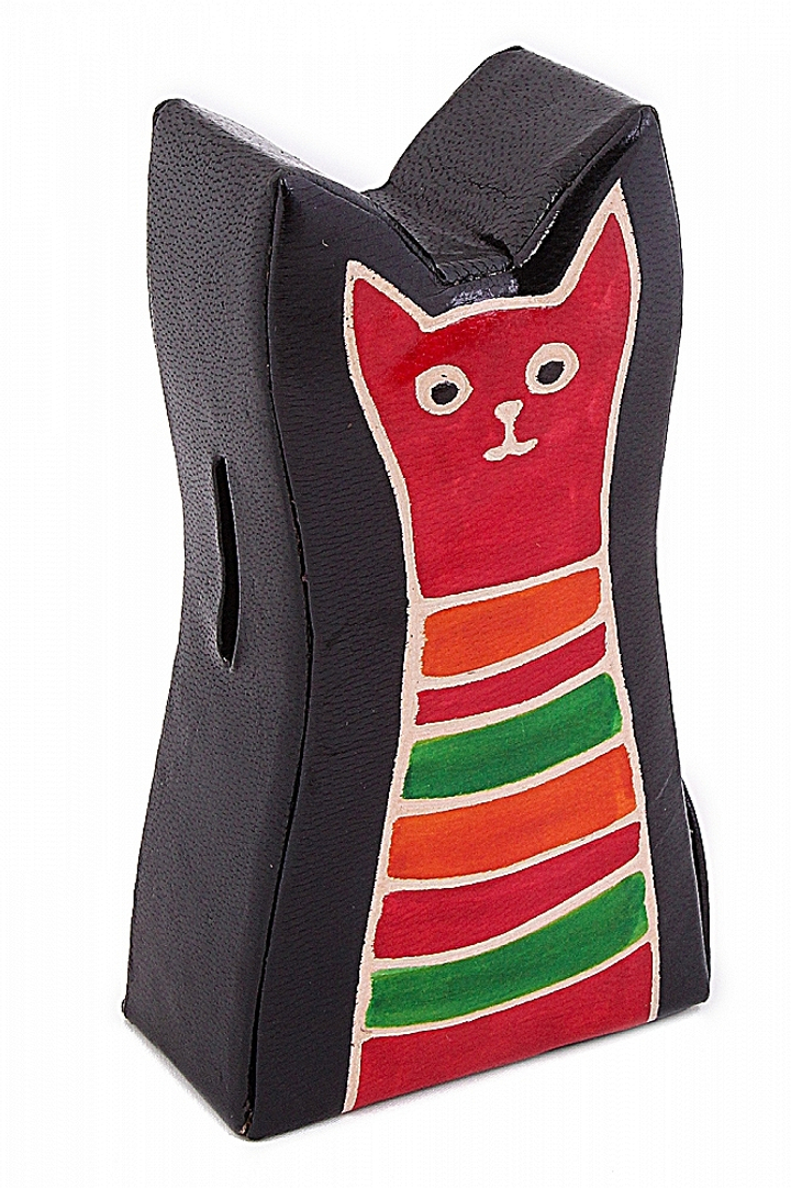 Копилка под мелочь "Кошка", цвет черный, красная кошка, полосы, натуральная кожа ручной принт
