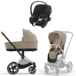 Коляска 3 в 1 Cybex Priam IV Chrome Brown complete и автокресло Aton B2 i-Size Volcano Black Cozy Beige
