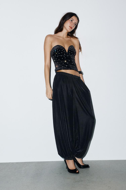 ZARA БАРХАТНЫЙ ТОП С БЛЕСТКАМИ, ЧЕРНЫЙ