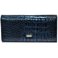 Большой стильный женский лакированный кожаный под крокодила синий кошелёк портмоне клатч из натуральной кожи 18х9 см Coscet CS21-01E в коробке