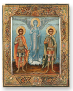 Никита и Дмитрий святые воины великомученики с Ангелом Хранителем. Деревянная икона на левкасе