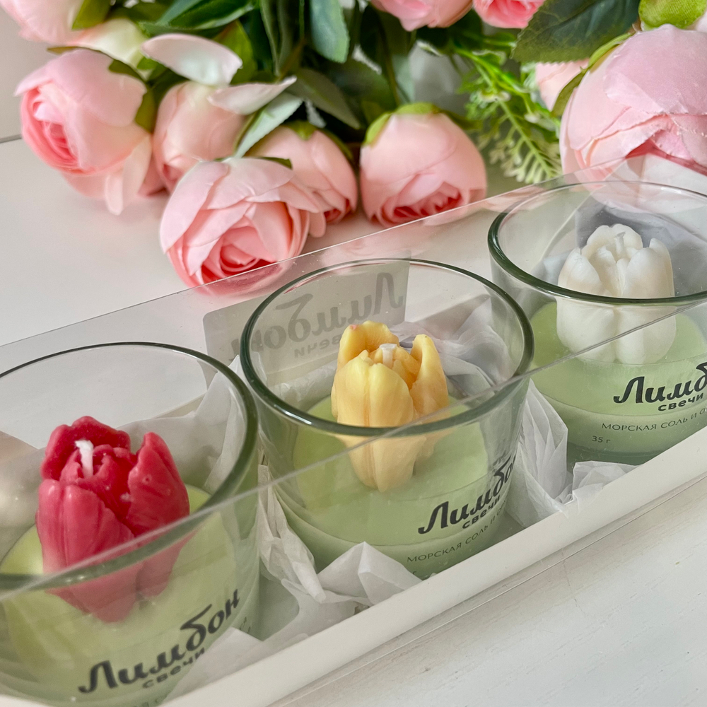 Набор ароматических свечей Белый, Желтый и Красный тюльпаны