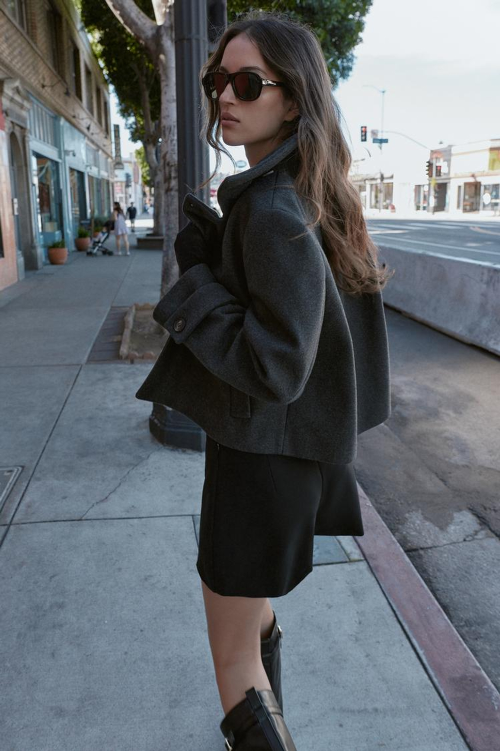 ZARA КОРОТКОЕ ПАЛЬТО С ВЫСОКИМ ВОРОТНИКОМ, СЕРЫЙ МЕЛАНЖ