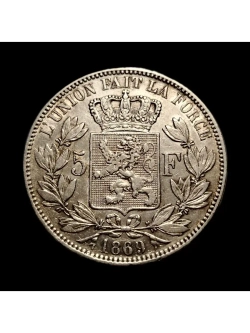 Монета Бельгии 5 франков 1869 год "Леопольд II"